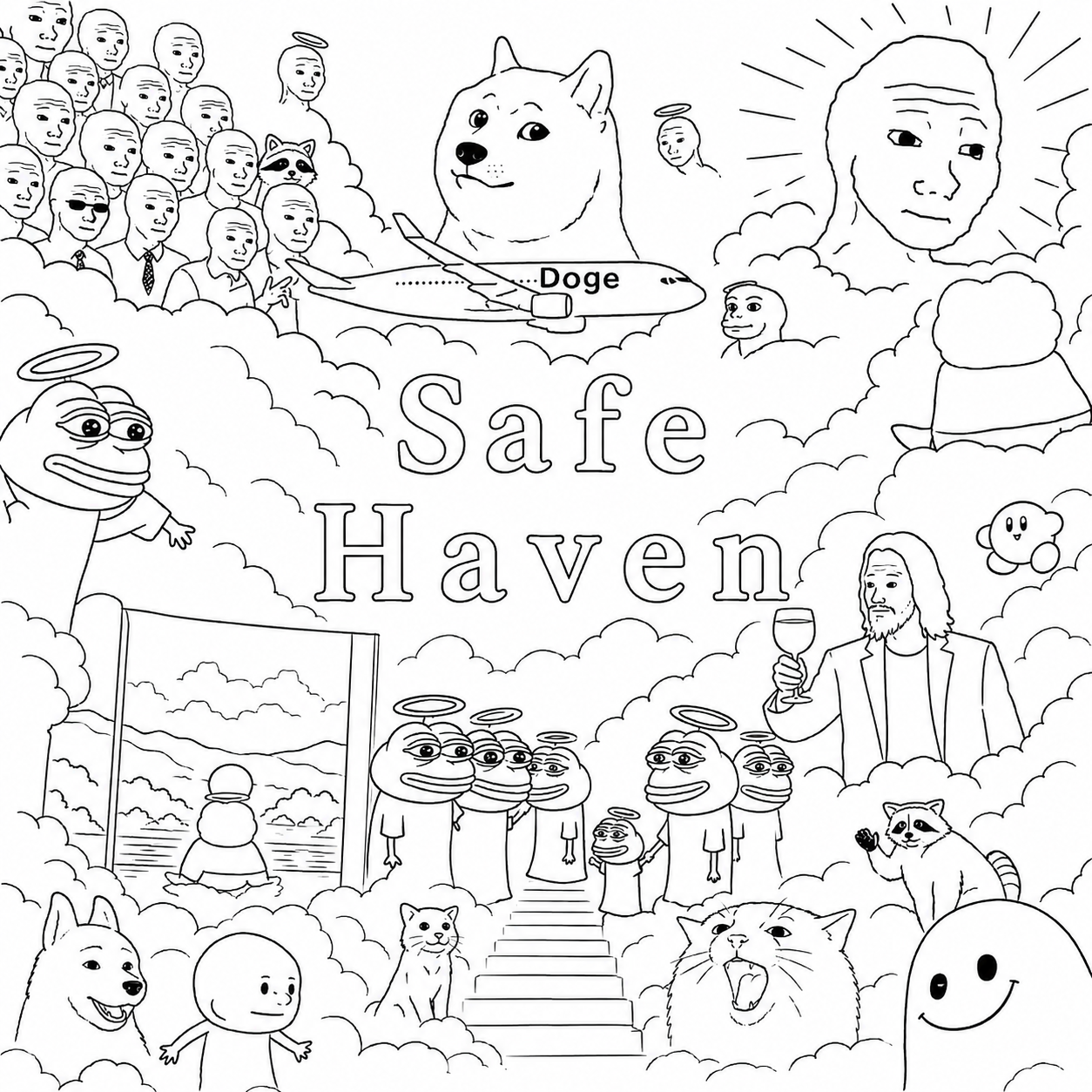 Hand-drawn meme illustration of doge, pepe, wojak and other characters in the clouds labelled Safe Haven